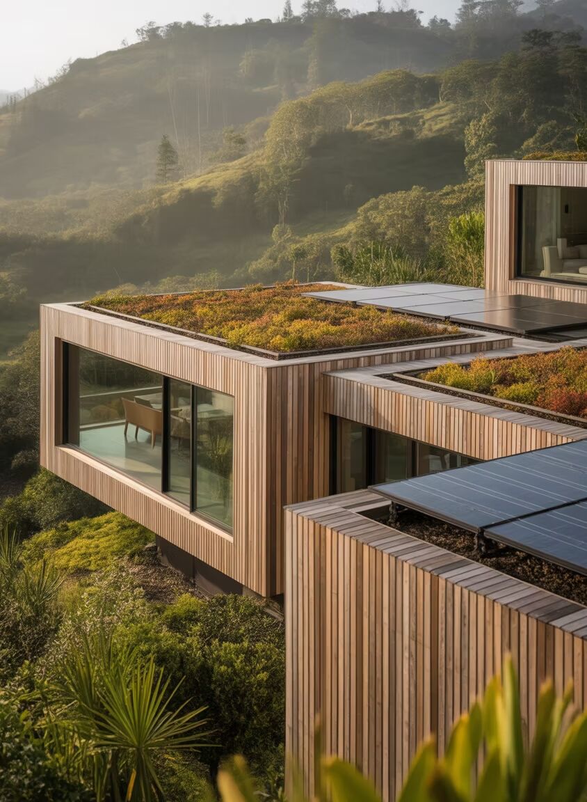 Modular home with a green roof in a forest