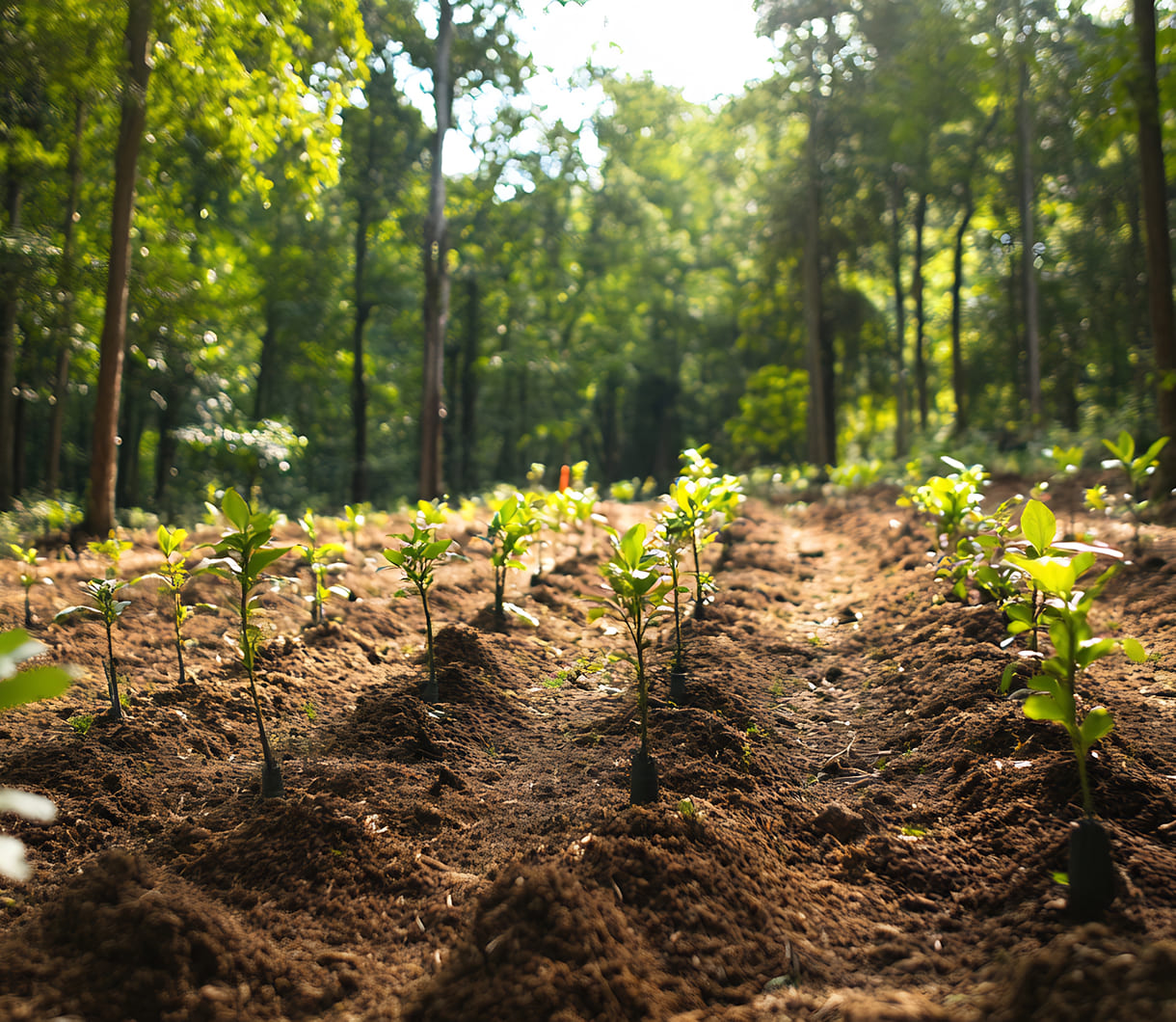 Replanted forest with new tree saplings